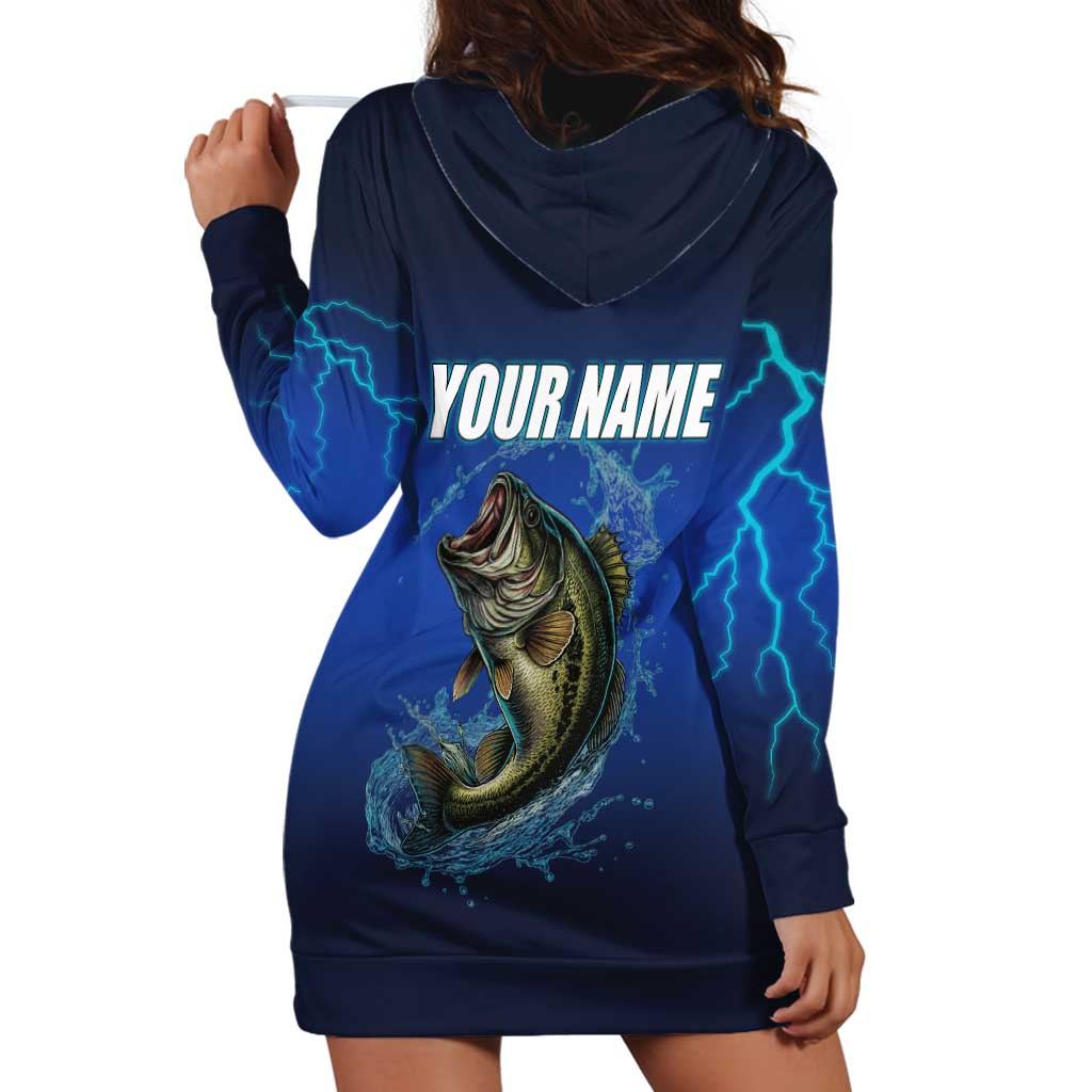 Custom Jumping Bass Fishing Hoodie Dress with Water Splash and Lightning Background - Wonder Print Shop