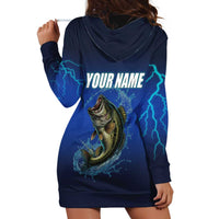 Custom Jumping Bass Fishing Hoodie Dress with Water Splash and Lightning Background - Wonder Print Shop