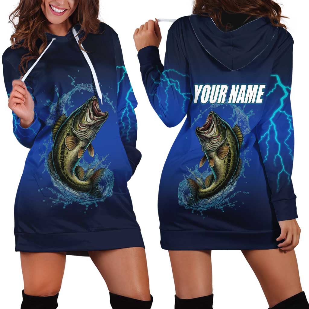 Custom Jumping Bass Fishing Hoodie Dress with Water Splash and Lightning Background - Wonder Print Shop