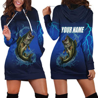 Custom Jumping Bass Fishing Hoodie Dress with Water Splash and Lightning Background - Wonder Print Shop