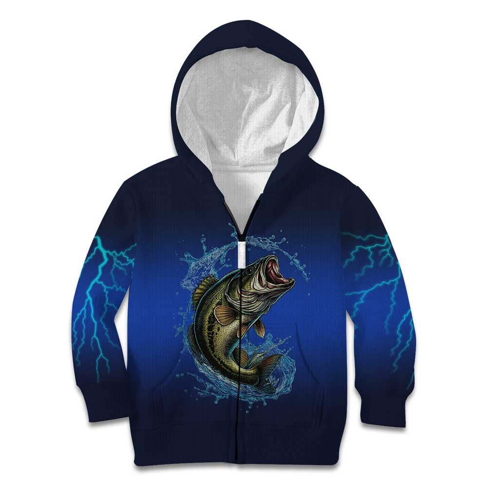 Custom Jumping Bass Fishing Kid Hoodie with Water Splash and Lightning Background - Wonder Print Shop
