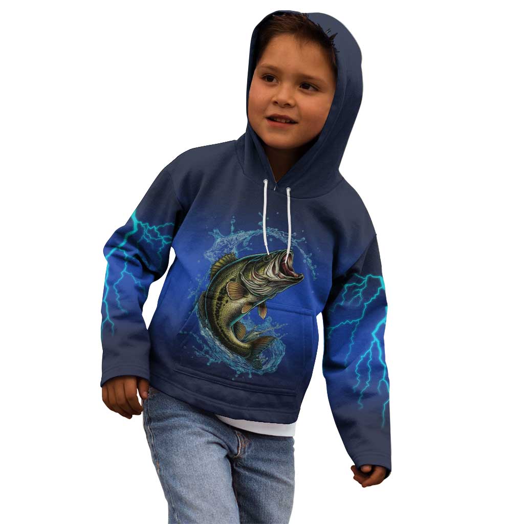 Custom Jumping Bass Fishing Kid Hoodie with Water Splash and Lightning Background - Wonder Print Shop