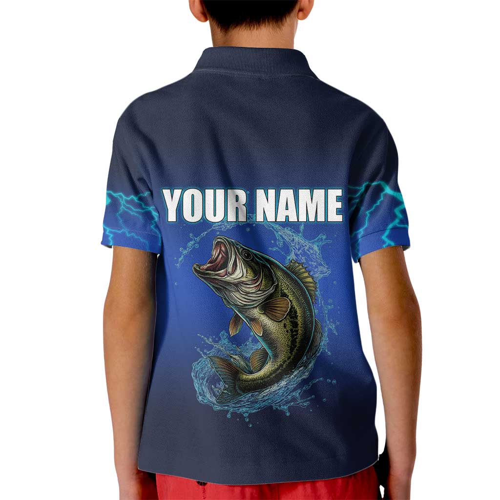 Custom Jumping Bass Fishing Kid Polo Shirt with Water Splash and Lightning Background - Wonder Print Shop
