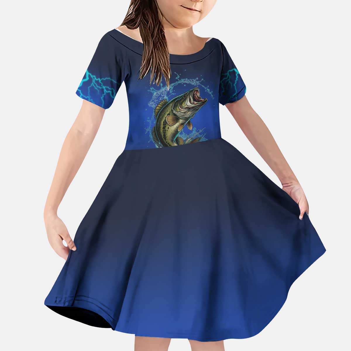 Custom Jumping Bass Fishing Kid Short Sleeve Dress with Water Splash and Lightning Background - Wonder Print Shop