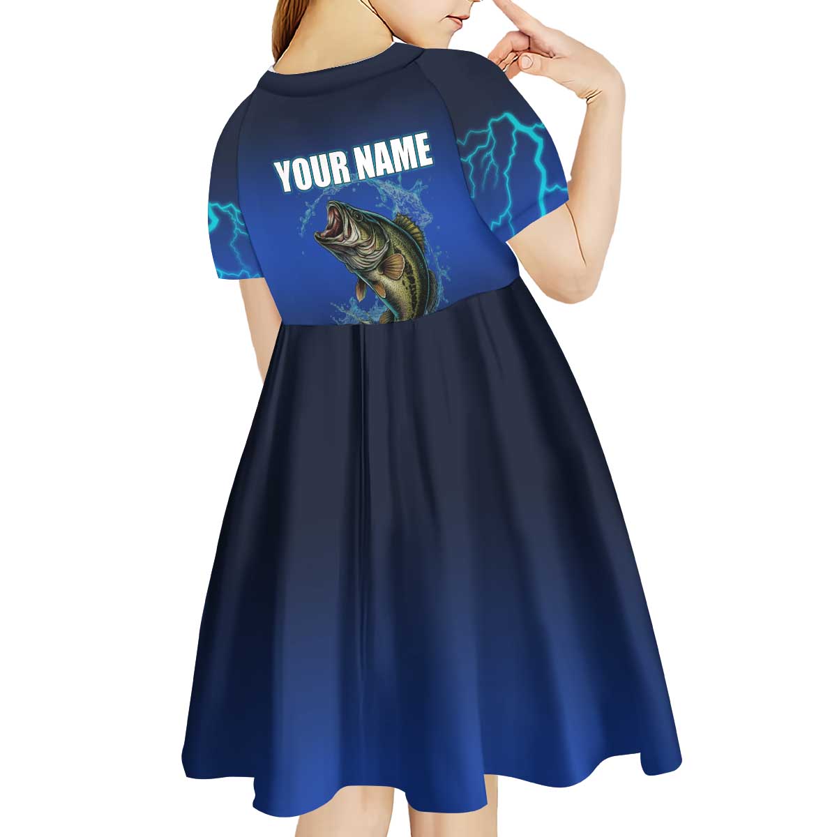 Custom Jumping Bass Fishing Kid Short Sleeve Dress with Water Splash and Lightning Background - Wonder Print Shop