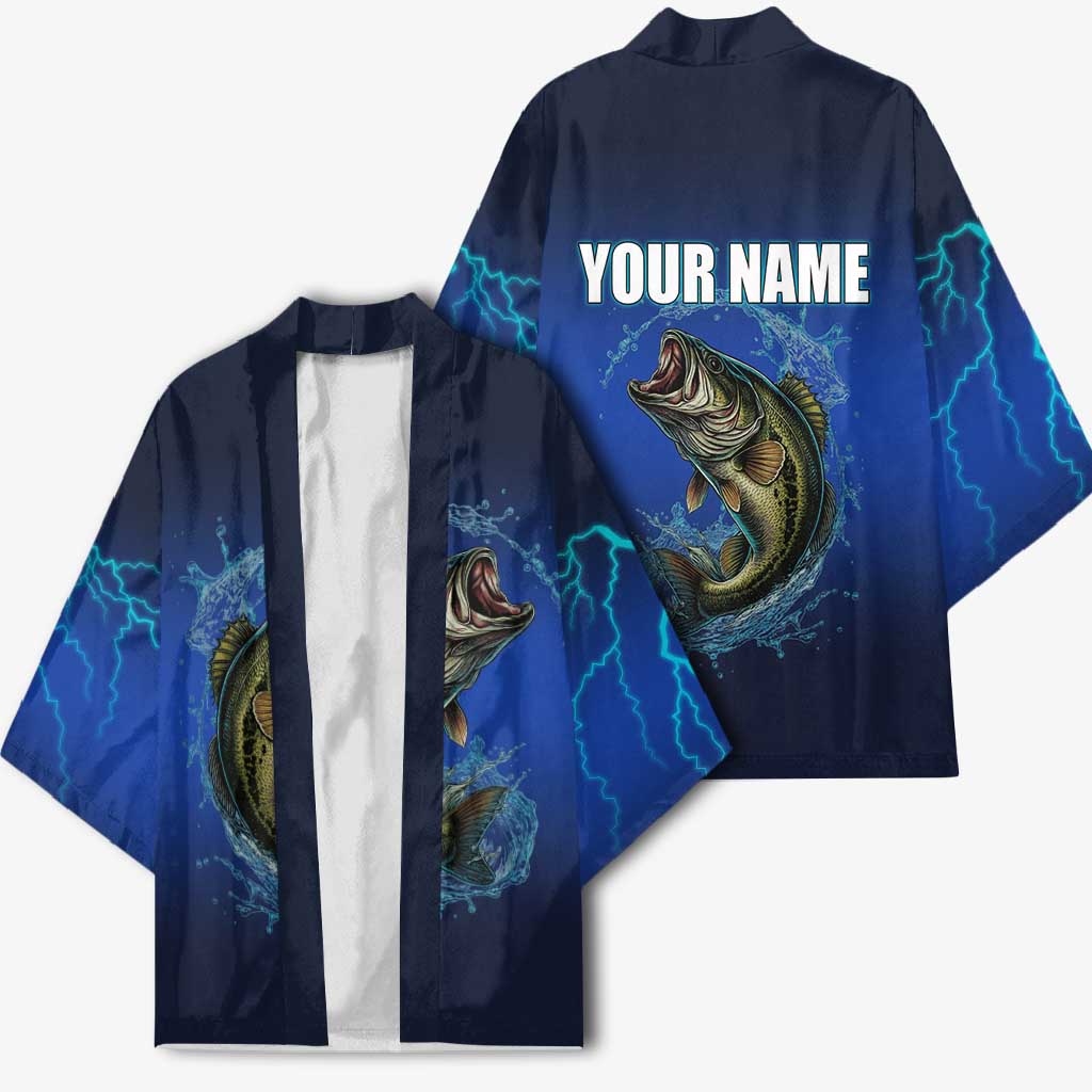 Custom Jumping Bass Fishing Kimono with Water Splash and Lightning Background - Wonder Print Shop