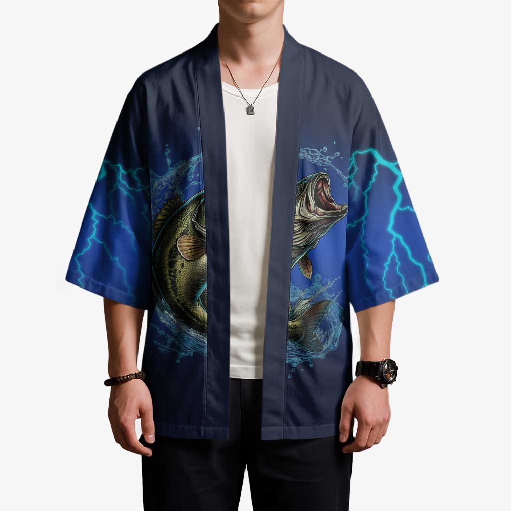 Custom Jumping Bass Fishing Kimono with Water Splash and Lightning Background - Wonder Print Shop