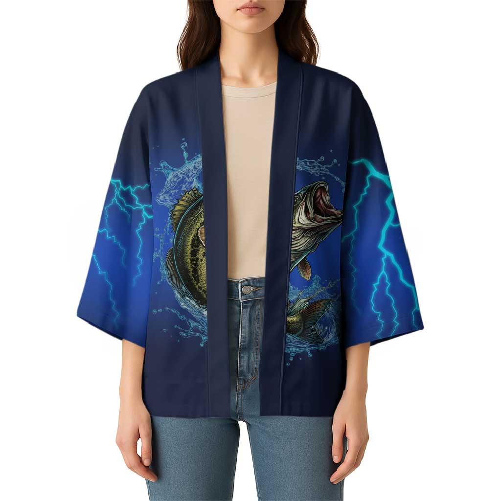 Custom Jumping Bass Fishing Kimono with Water Splash and Lightning Background - Wonder Print Shop