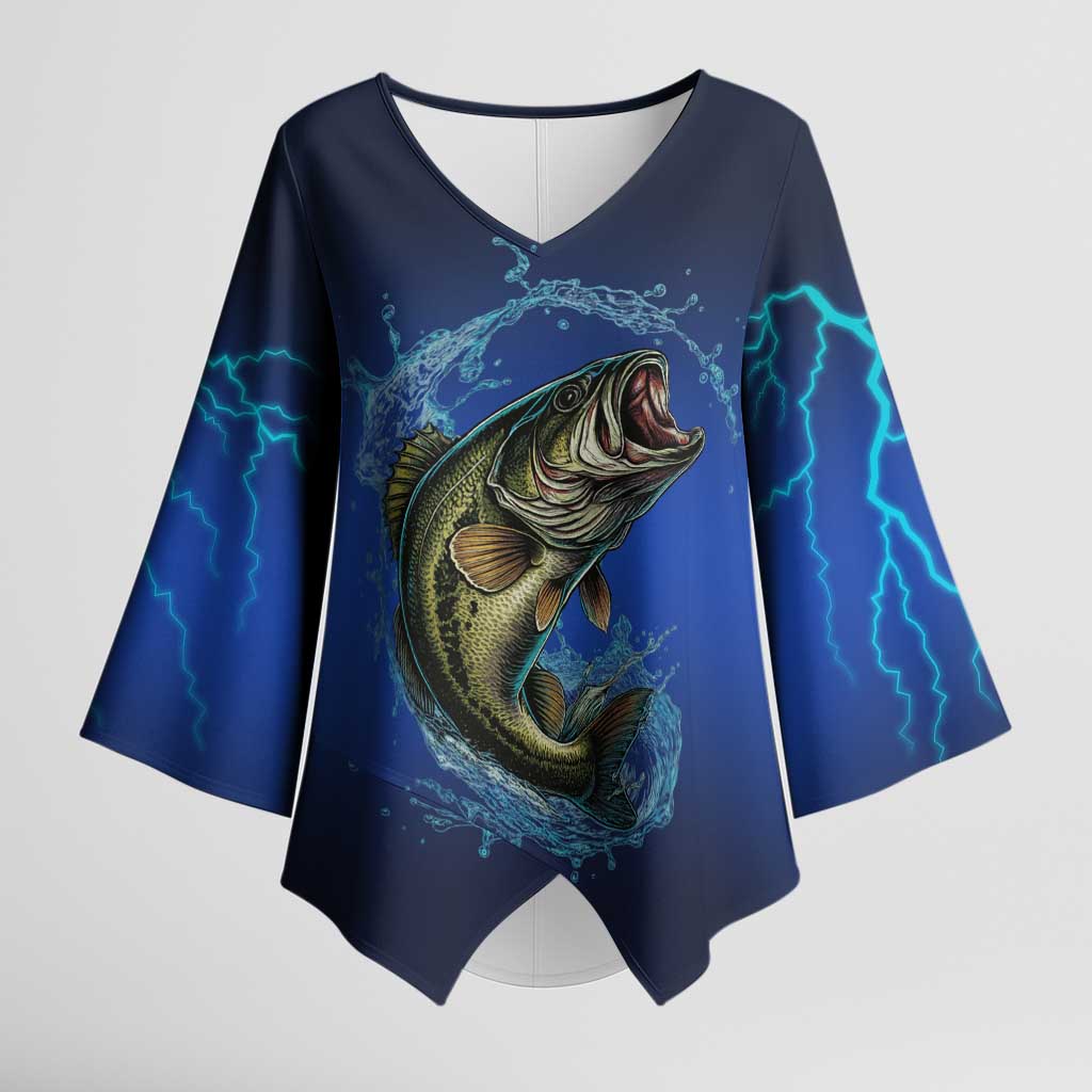 Custom Jumping Bass Fishing Kimono Sleeve Blouse with Water Splash and Lightning Background - Wonder Print Shop