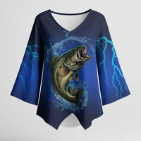 Custom Jumping Bass Fishing Kimono Sleeve Blouse with Water Splash and Lightning Background - Wonder Print Shop