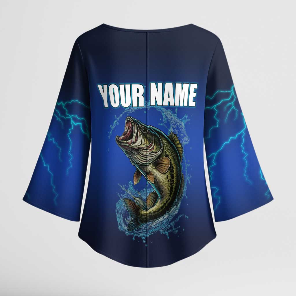 Custom Jumping Bass Fishing Kimono Sleeve Blouse with Water Splash and Lightning Background - Wonder Print Shop