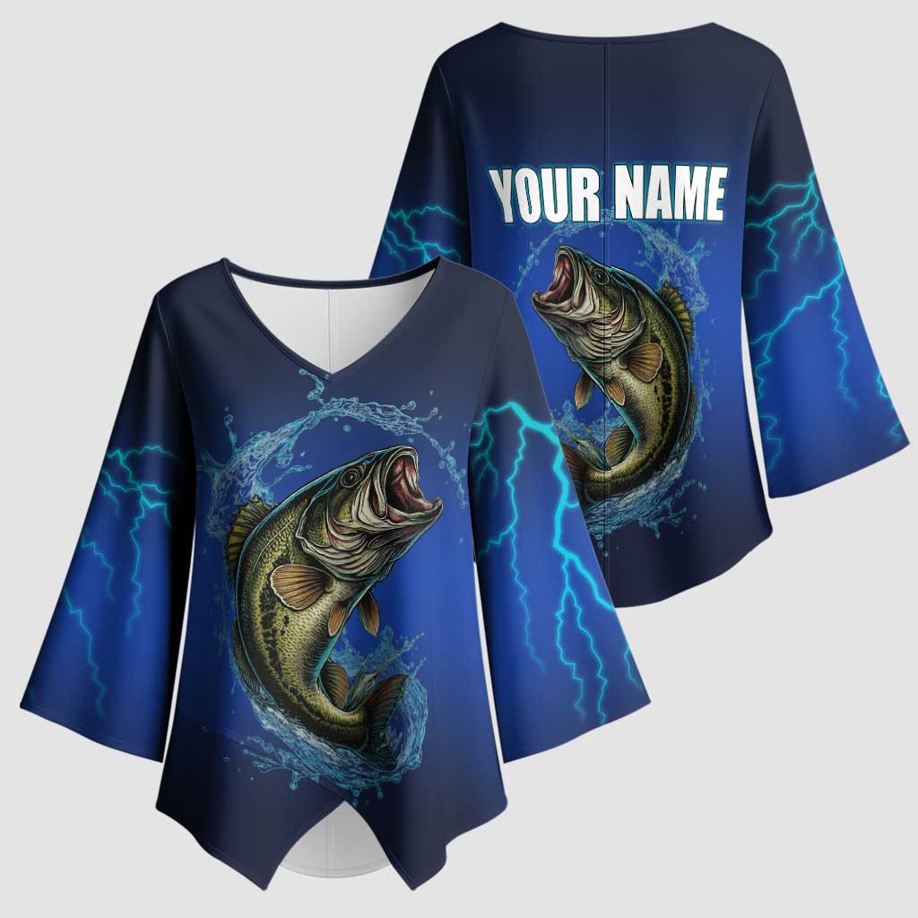 Custom Jumping Bass Fishing Kimono Sleeve Blouse with Water Splash and Lightning Background - Wonder Print Shop
