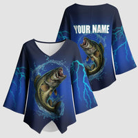 Custom Jumping Bass Fishing Kimono Sleeve Blouse with Water Splash and Lightning Background - Wonder Print Shop