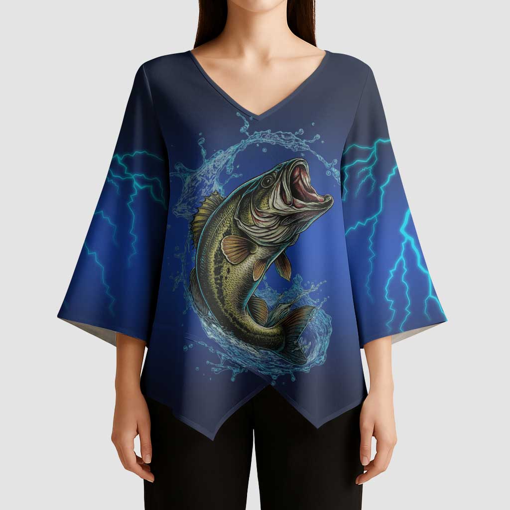 Custom Jumping Bass Fishing Kimono Sleeve Blouse with Water Splash and Lightning Background - Wonder Print Shop