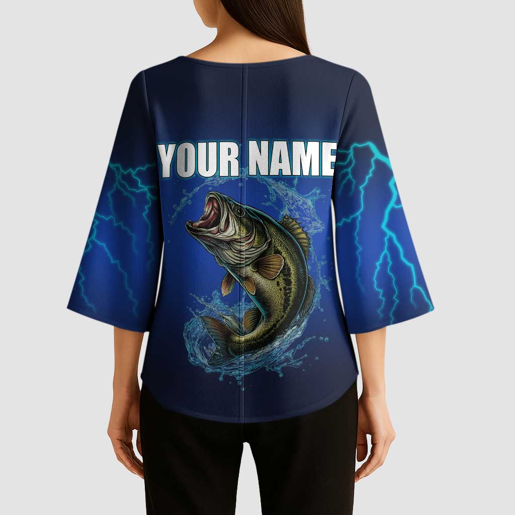 Custom Jumping Bass Fishing Kimono Sleeve Blouse with Water Splash and Lightning Background - Wonder Print Shop