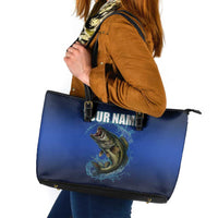 Custom Jumping Bass Fishing Leather Tote Bag with Water Splash and Lightning Background - Wonder Print Shop