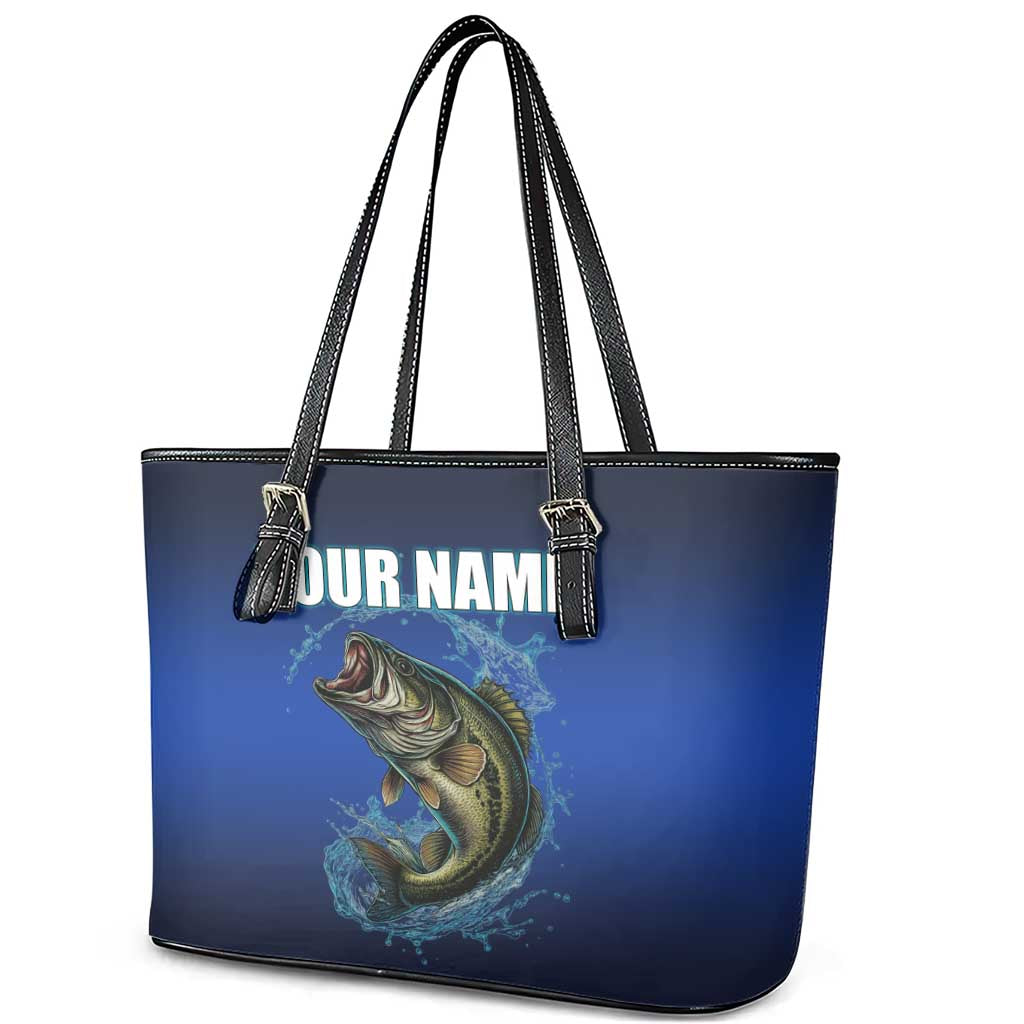 Custom Jumping Bass Fishing Leather Tote Bag with Water Splash and Lightning Background - Wonder Print Shop