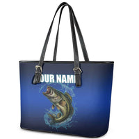 Custom Jumping Bass Fishing Leather Tote Bag with Water Splash and Lightning Background - Wonder Print Shop