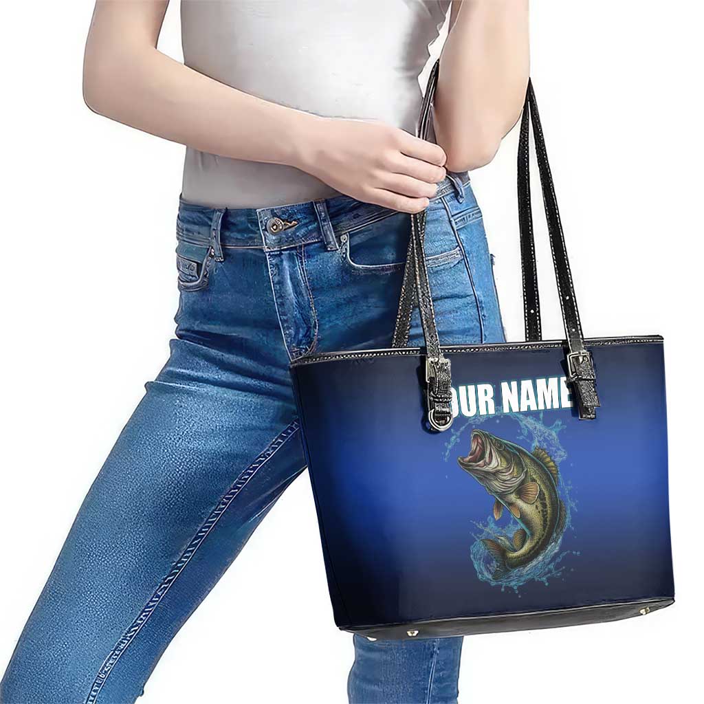 Custom Jumping Bass Fishing Leather Tote Bag with Water Splash and Lightning Background - Wonder Print Shop