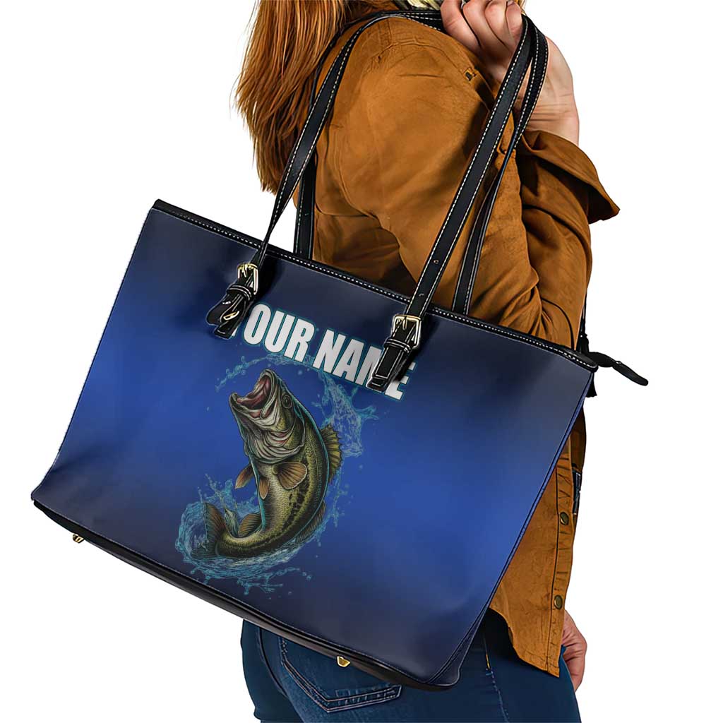 Custom Jumping Bass Fishing Leather Tote Bag with Water Splash and Lightning Background - Wonder Print Shop