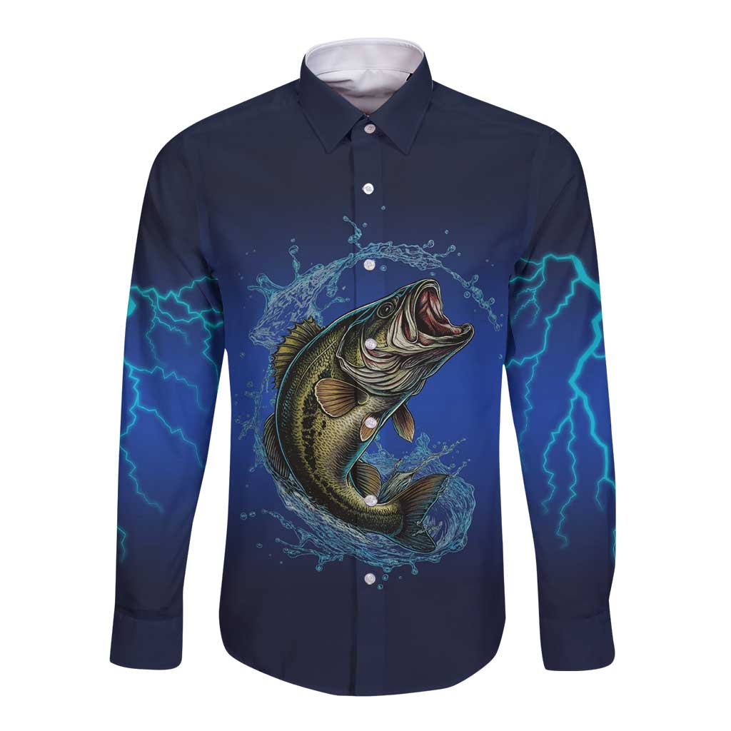 Custom Jumping Bass Fishing Long Sleeve Button Shirt with Water Splash and Lightning Background - Wonder Print Shop