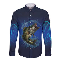 Custom Jumping Bass Fishing Long Sleeve Button Shirt with Water Splash and Lightning Background - Wonder Print Shop