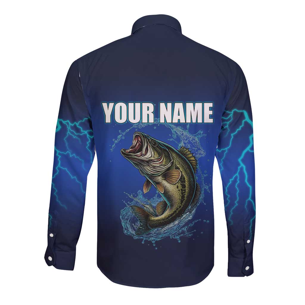 Custom Jumping Bass Fishing Long Sleeve Button Shirt with Water Splash and Lightning Background - Wonder Print Shop