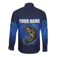 Custom Jumping Bass Fishing Long Sleeve Button Shirt with Water Splash and Lightning Background - Wonder Print Shop