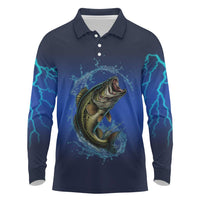 Custom Jumping Bass Fishing Long Sleeve Polo Shirt with Water Splash and Lightning Background - Wonder Print Shop