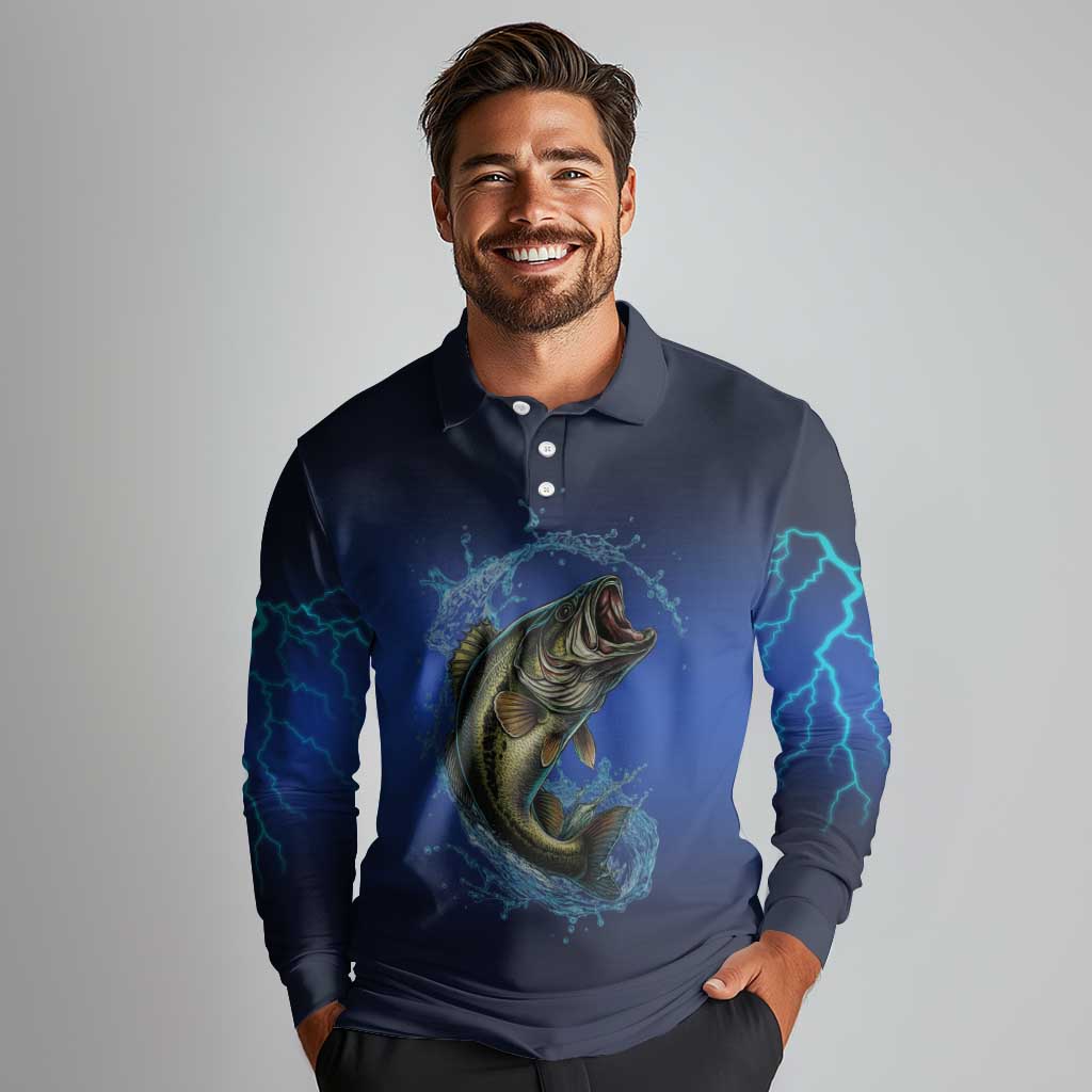 Custom Jumping Bass Fishing Long Sleeve Polo Shirt with Water Splash and Lightning Background - Wonder Print Shop