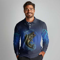 Custom Jumping Bass Fishing Long Sleeve Polo Shirt with Water Splash and Lightning Background - Wonder Print Shop