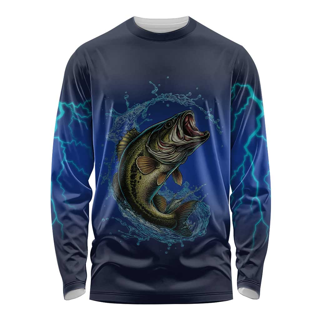 Custom Jumping Bass Fishing Long Sleeve Shirt with Water Splash and Lightning Background - Wonder Print Shop
