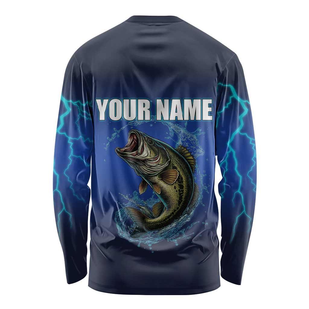 Custom Jumping Bass Fishing Long Sleeve Shirt with Water Splash and Lightning Background - Wonder Print Shop
