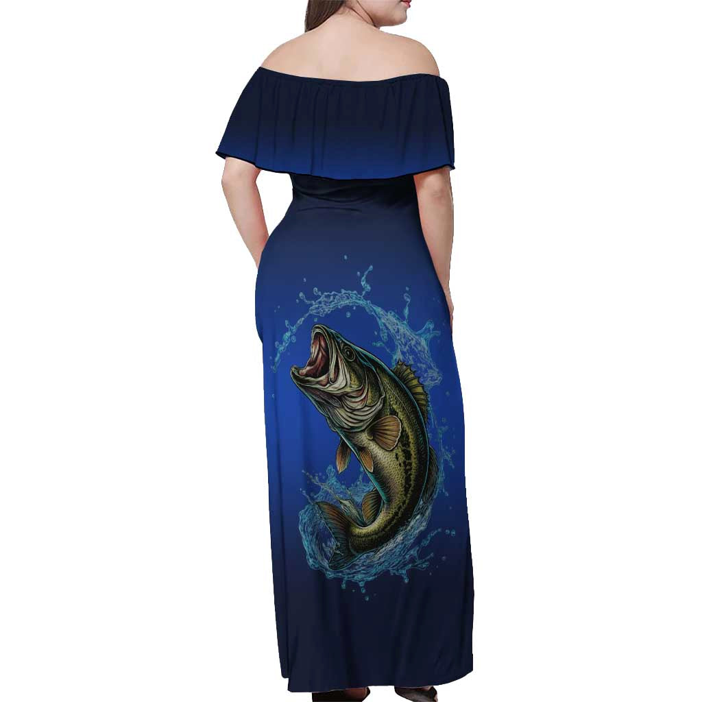 Custom Jumping Bass Fishing Off Shoulder Maxi Dress with Water Splash and Lightning Background - Wonder Print Shop