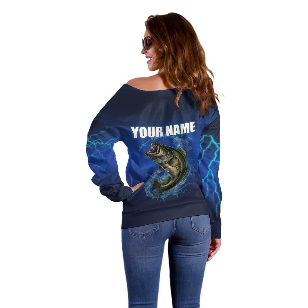 Custom Jumping Bass Fishing Off Shoulder Sweater with Water Splash and Lightning Background - Wonder Print Shop
