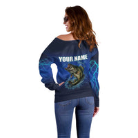 Custom Jumping Bass Fishing Off Shoulder Sweater with Water Splash and Lightning Background - Wonder Print Shop