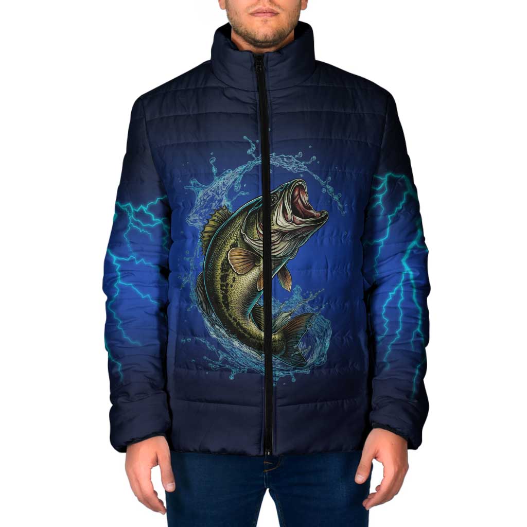 Custom Jumping Bass Fishing Padded Jacket with Water Splash and Lightning Background - Wonder Print Shop