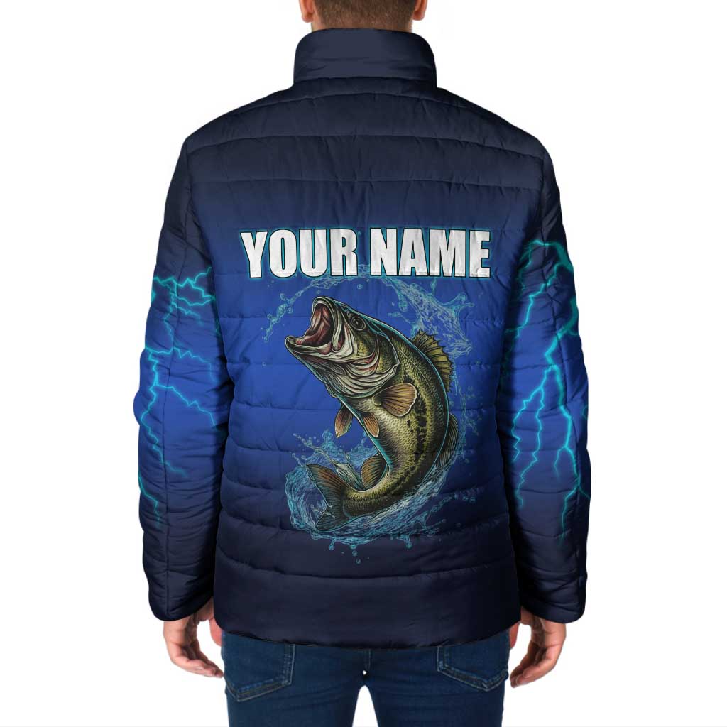 Custom Jumping Bass Fishing Padded Jacket with Water Splash and Lightning Background - Wonder Print Shop