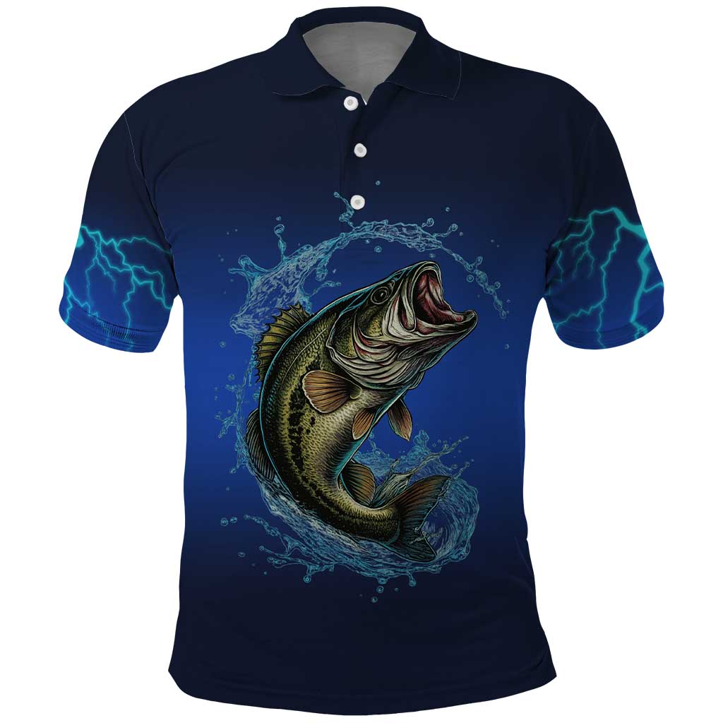Custom Jumping Bass Fishing Polo Shirt with Water Splash and Lightning Background - Wonder Print Shop