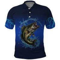 Custom Jumping Bass Fishing Polo Shirt with Water Splash and Lightning Background - Wonder Print Shop