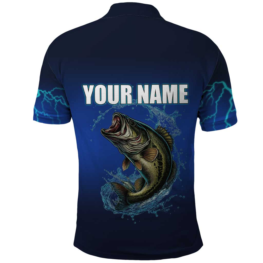 Custom Jumping Bass Fishing Polo Shirt with Water Splash and Lightning Background - Wonder Print Shop