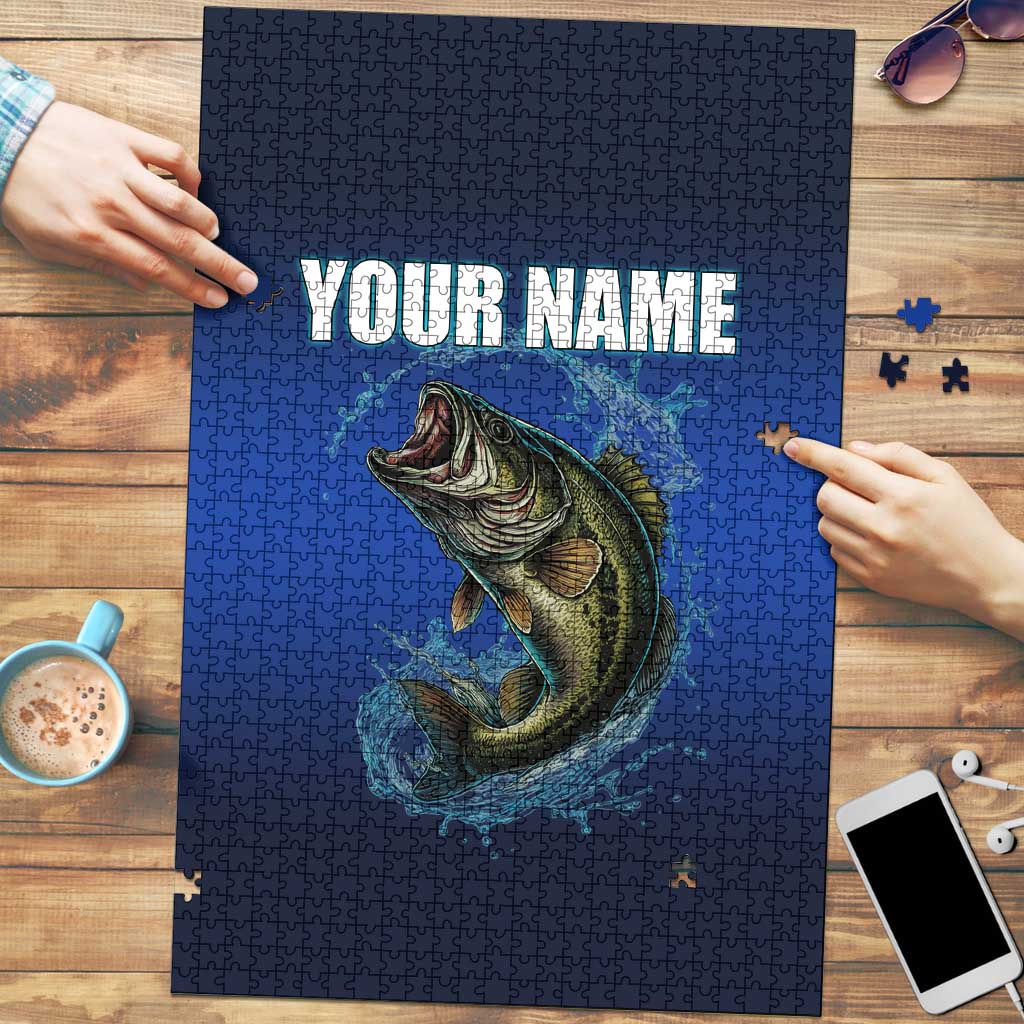 Custom Jumping Bass Fishing Puzzle with Water Splash and Lightning Background - Wonder Print Shop