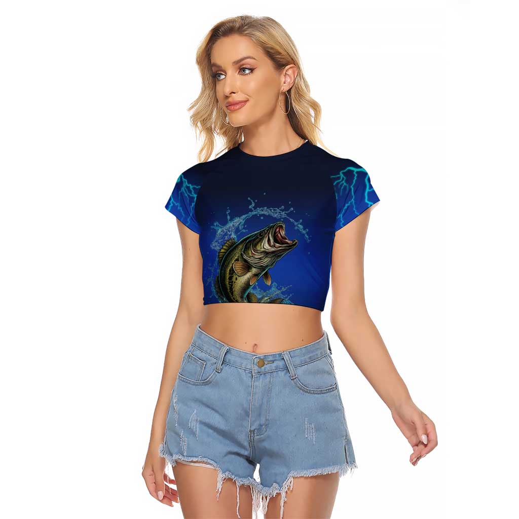 Custom Jumping Bass Fishing Raglan Cropped T Shirt with Water Splash and Lightning Background - Wonder Print Shop