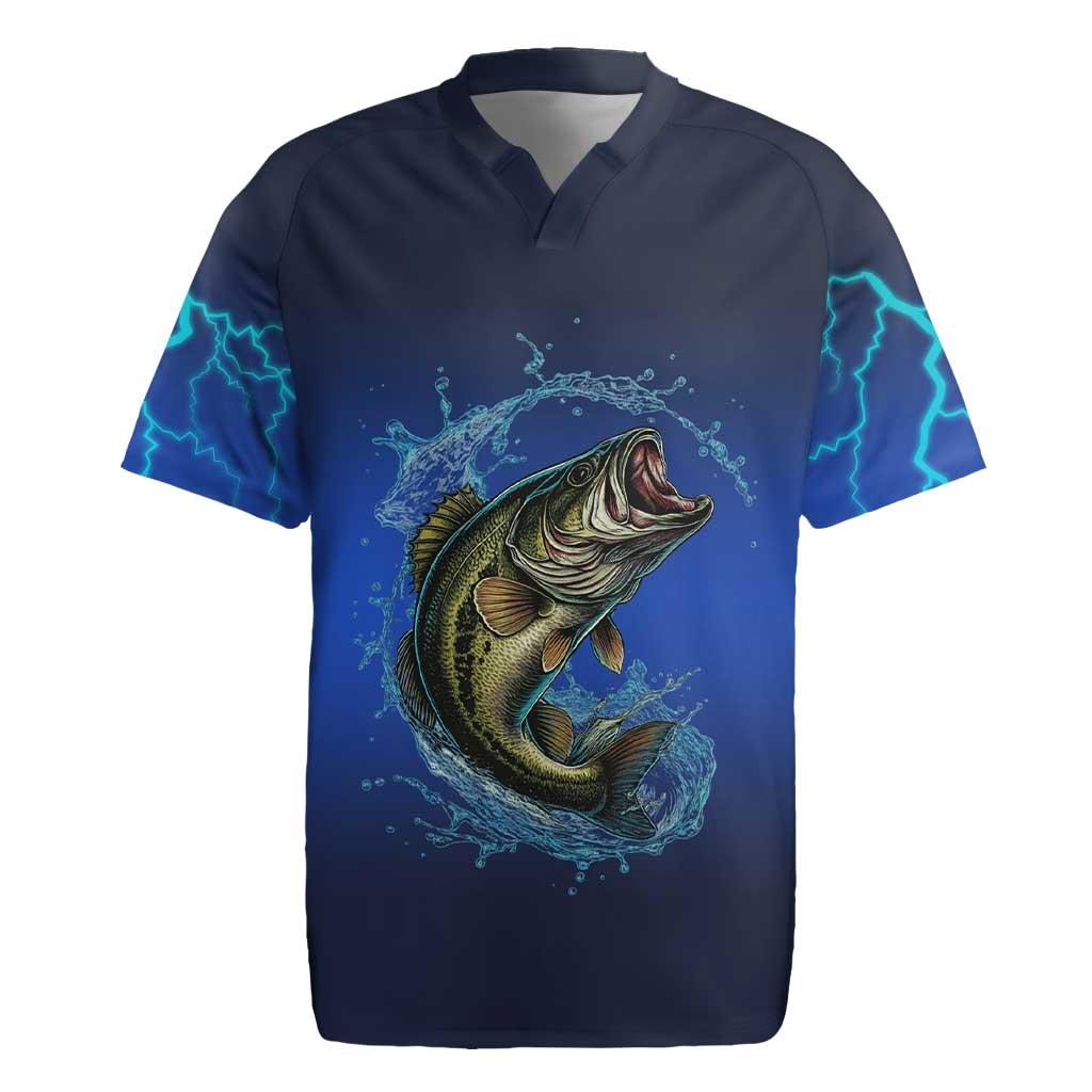 Custom Jumping Bass Fishing Rugby Jersey with Water Splash and Lightning Background - Wonder Print Shop