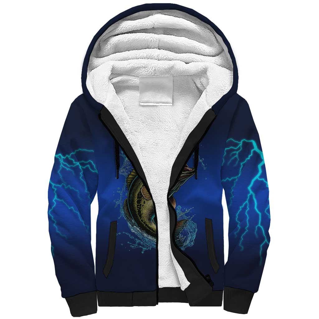 Custom Jumping Bass Fishing Sherpa Hoodie with Water Splash and Lightning Background - Wonder Print Shop