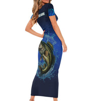 Custom Jumping Bass Fishing Short Sleeve Bodycon Dress with Water Splash and Lightning Background - Wonder Print Shop