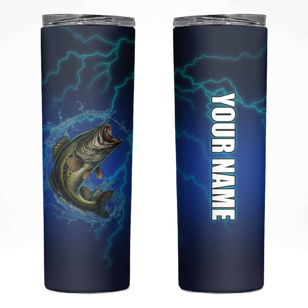 Custom Jumping Bass Fishing Skinny Tumbler with Water Splash and Lightning Background - Wonder Print Shop
