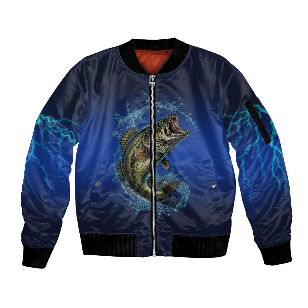 Custom Jumping Bass Fishing Sleeve Zip Bomber Jacket with Water Splash and Lightning Background - Wonder Print Shop