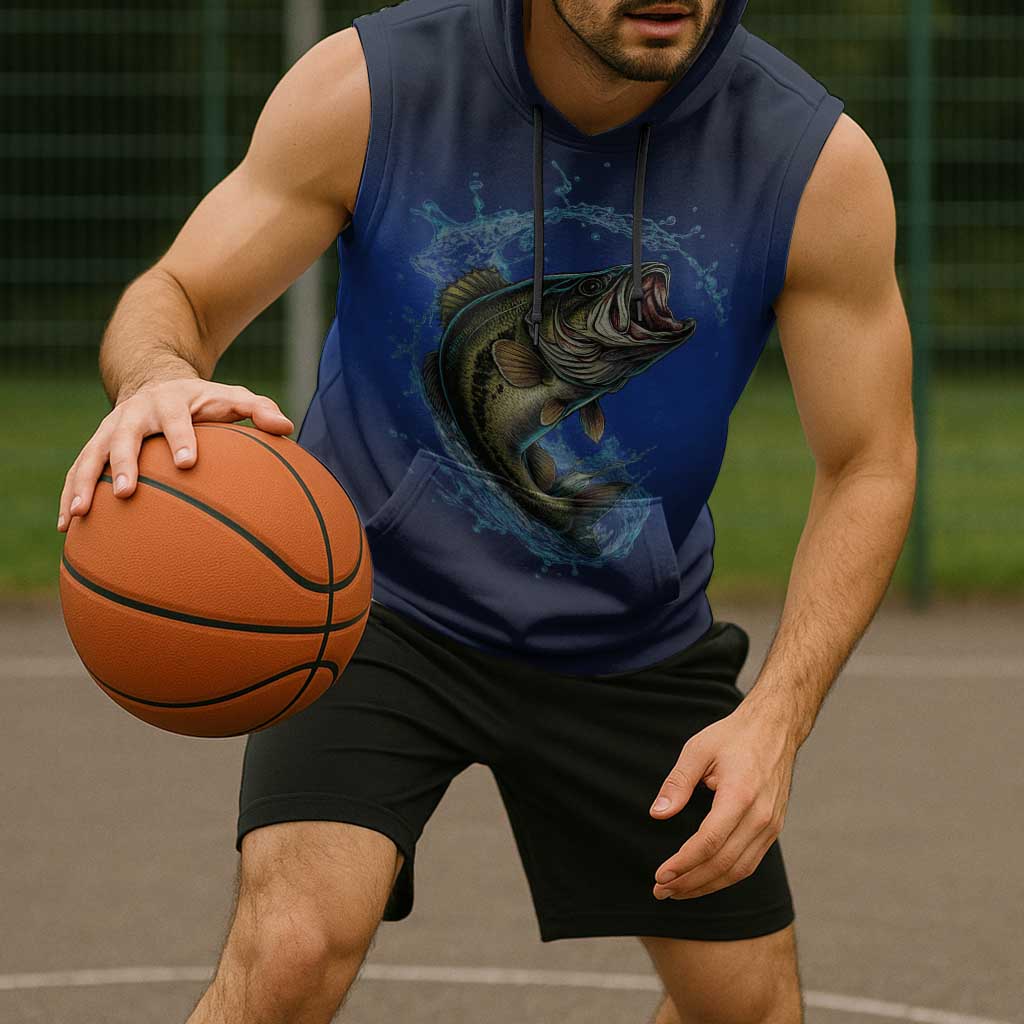 Custom Jumping Bass Fishing Sleeveless Hoodie with Water Splash and Lightning Background - Wonder Print Shop