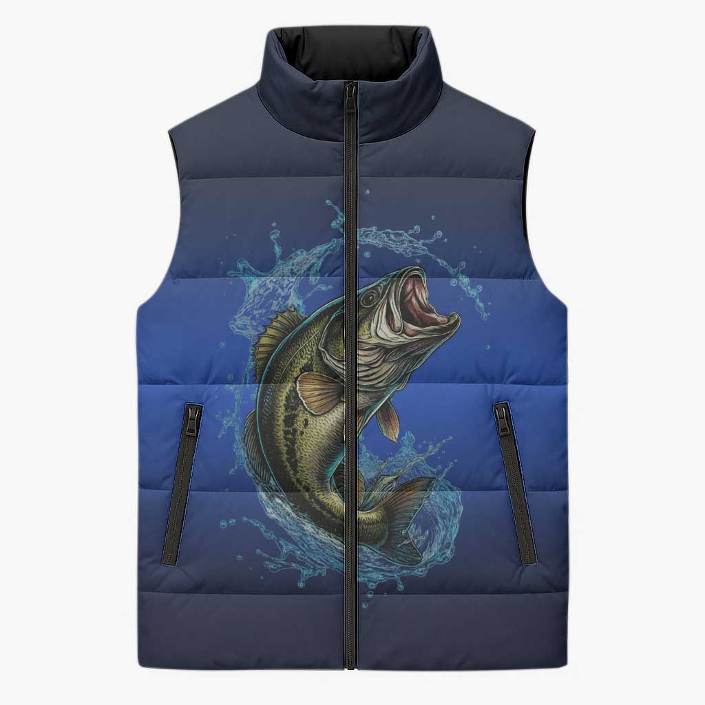 Custom Jumping Bass Fishing Sleeveless Puffer Jacket with Water Splash and Lightning Background - Wonder Print Shop